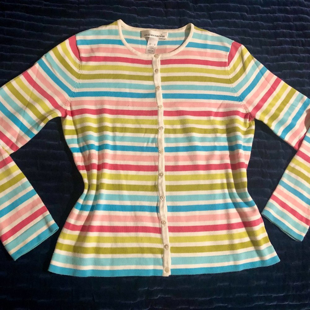 Lush Cotton Cardigan Sweater button down multi-color stripe Jones New York Sport